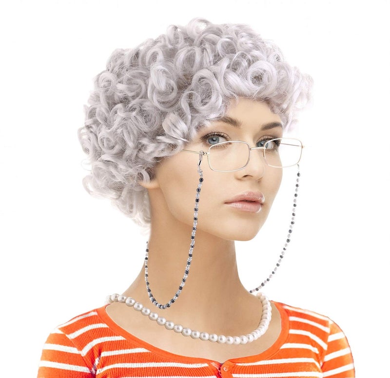 Feacole Old Lady Costume Set-Grandmother Wig,Wig Caps, Madea Granny Glasses, Eyeglass Retainer Chain,Pearl Necklace(5 Pieces) - Image 1